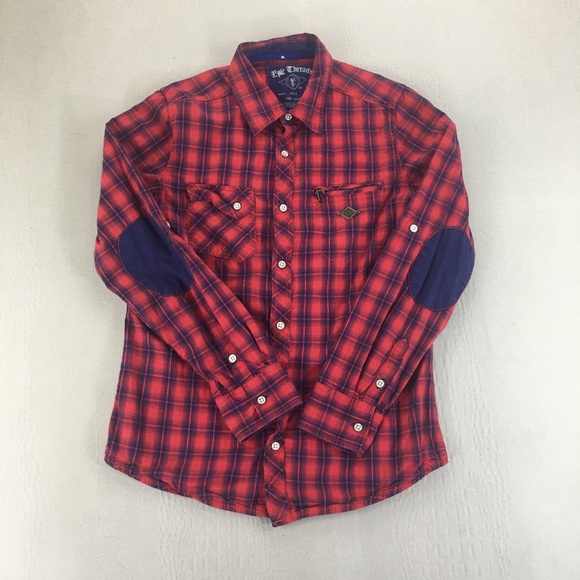Epic Threads Shirt Junions Size Large Elbow Patches Red Plaid Button Up Outdoor - Picture 1 of 16